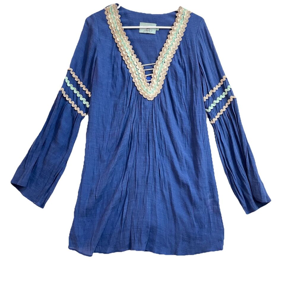 Judith March bell sleeve mini dress retro floral blue Long Sleeve V Neck Boho